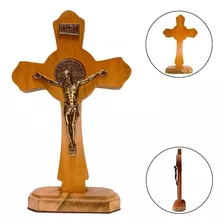 Cruz Jesus Em Metal E Madeira Crucifixo + Medalha São Bento