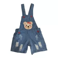 Macacão Infantil Menina Jeans Ursinha Verão Praia