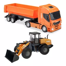 Caminhão Iveco Caçamba + Trator Carregadeira Case Miniatura