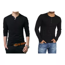 Kit Black 2 Camiseta Henley Masculina Mlonga - Frete Grátis