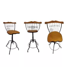 Trio Cadeiras Giratórias Reguláveis Rústica Ferro Madeira