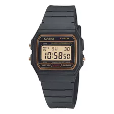 Reloj Pulsera Casio Collection F-91 De Cuerpo Color Negro, Digital, Para Hombre, Fondo Dorado, Con Correa De Resina Color Negro, Dial Negro, Minutero/segundero Negro, Bisel Color Dorado Y Hebilla Simp