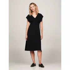 Vestido De Corte Evasé Café Cuello Pico Tommy Hilfiger Mujer