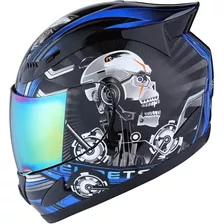 Casco Para Motocicleta Diseño Calavera Mecanica Azul