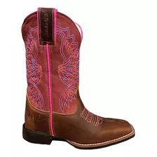 Bota Texana Feminina Couro Legitimo Rosa Cereja Bordado Azul