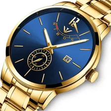 Relógio De Pulso Nibosi Ni2318 Com Corpo Gold, Analogica, Para Masculino, Fundo Gold E Blue, Com Correia De Aço Inoxidável Cor E Fivela Dupla