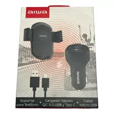 Soporte + Cargador Rapido Usb Tipo C + Cable Micro Usb Aiwa Color Negro