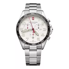 Reloj Pulsera Victorinox Fieldforce Chrono De Cuerpo Color Plata, Analógico, Para Hombre, Fondo Blanco, Con Correa De Acero Inoxidable Color Plata, Agujas Color Blanco, Negro Y Rojo, Dial Plata, Subes