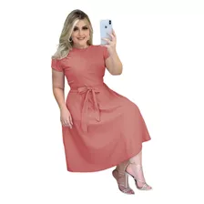 Vestido Midi Moda Evangélica Evasê Rodado Laço Cintura Godê