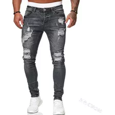 Calças Masculinas, Branco Desgastado, Calças Denim Slim-fit