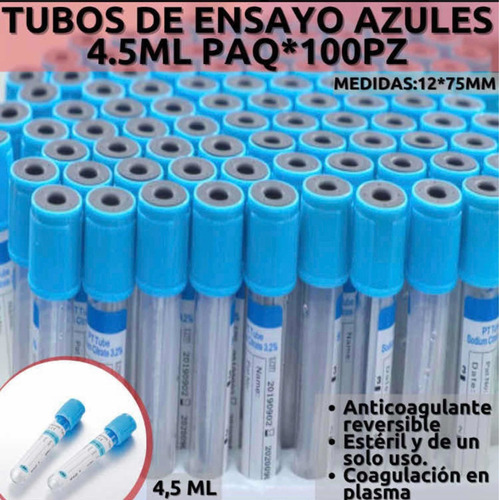 Tubos De Ensayo Azul Especial Plasma Citrato 4,5ml Caja 100u