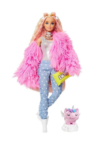 Barbie Extra Doll # 3 In Pink Coat With Pet Unicorn-pig Mattel Grn28