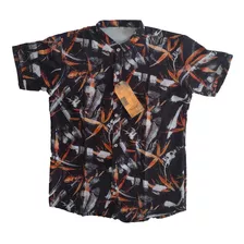 Camisa Estampada Negro Para Hombre Cuello Militar. Tallas