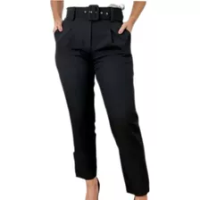 Calça Poliéster Alfaiataria Com Cinto Feminino Moda