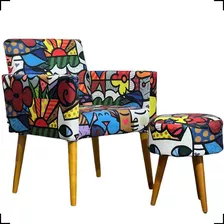 Kit Poltrona Nina + Puff Suede Estampado Triangulo Colorido Cor Romero Brito