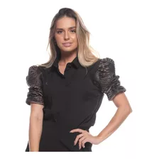 Blusa Feminina Fashion Elastano Manga Bufante Camurça Preta