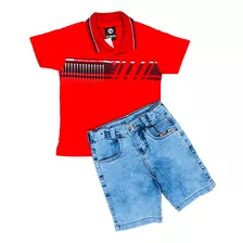Kit Bermuda Jeans Infantil+camisa Polo 4 Ao 8 Meninos Oferta