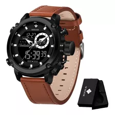 Reloj De Pulsera Wwoor 8882p De Cuerpo Color Negro, Analógico-digital, Para Hombre, Con Correa De Cuero Color Brown Y Black Y Hebilla Simple