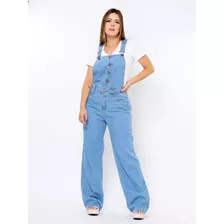 Macacão Calça Jeans Wedi Leg Pantalona Jardineira Feminina