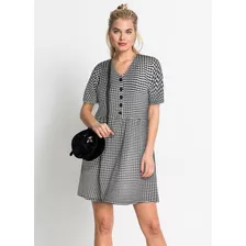 Vestido Moda Evangélica Rodado Curto Xadrez Com Botões