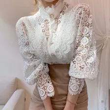 Blusa De Malla De Encaje Para Mujer, Camisa De Cuello Alto P