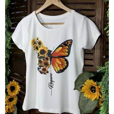 T-shirt Feminina Com Frase Borboleta De Girassol - Respire