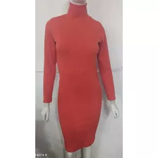 Vestido Midi Canelado Manga Longa Gola Alta Tubinho