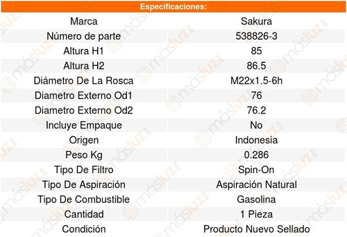 Filtro Aceite Dodge Dart L4 2.4l 13_16 Sakura 8639738 Foto 2