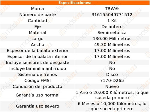 Balatas Semimetalicas Delanteras Nissan Ichi Van 87/94 Trw Foto 2