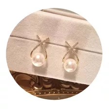 Aretes Elegantes Perla Colgante En Forma De X 