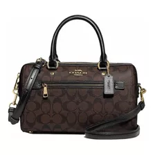 Bolsa Coach Rowan Satchel In Signature Canvas Brownoriginal Acabado De Los Herrajes Oro Color Marrón Oscuro Color De La Correa De Hombro Negro Diseño De La Tela Rayado