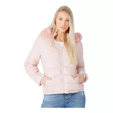 Jaqueta Feminina Puffer Nylon Zíper Pelo No Capuz Impermeáve