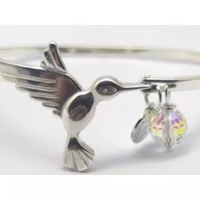 Hermosa Esclava Colibrí En Plata Con Dije Grabado Y Piedra 