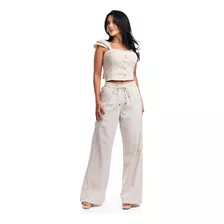 Kit Conjunto Calça Wide Pantalona + Cropped Em Linho Premium