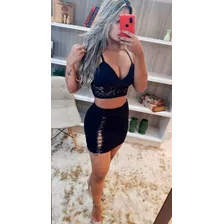 Conjunto Feminino Mini Saia E Cropped Top Sutiã De Renda De Festa Tamanho P M G Menina