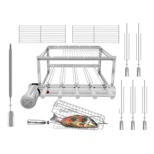 Gira Grill Churrasqueira Inox 5 Espetos + 3 Grelhas Completa