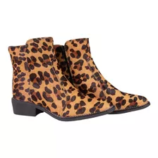 Bota Bico Fino Couro Cano Curto Feminina Onça Animal Print