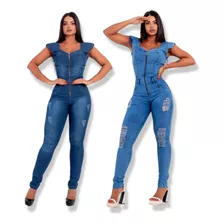 Macacão Longo Jeans Feminino Elegante Com Lycra 
