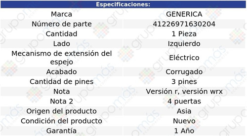 Espejo Izquierdo Elctrico Corrug 3 Pines Impreza 08 Al 11 Foto 2