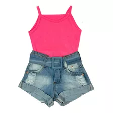 Conjunto Feminino Infantil Moda Verão Regata E Short Jeans 