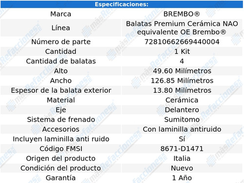 Balatas Ceramicas Delanteras Toyota Avanza 07-19 Brembo Foto 3