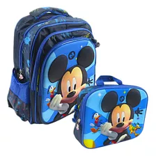 Combo X2 Maleta Morral Escolar Mickey Azul + Lonchera Niño 