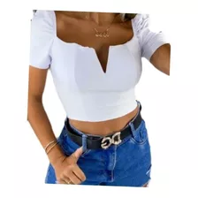 Blusa Cropped Manga Bufante Decote Princesa V Feminina 