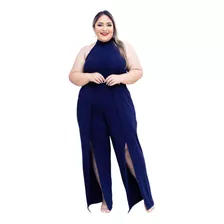 Macacão Frente Única Com Bojo Fenda Na Perna Plus Size