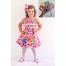 Vestido Infantil Junino Xadrez Fogueiras Tam 2-6 + Tiara