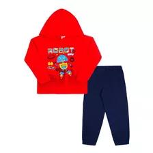 Conjunto Moletom Blusa Com Capuz Vermelha Robôzinho E Calça
