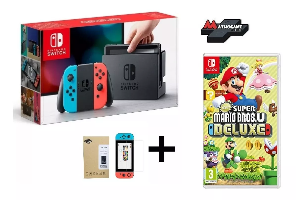 Nintendo Switch Neon + New Super Mario Bros U Deluxe + Mica