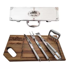 10 Kit 5 Peças Churrasco Inox Maleta Tabua Nome Logo Time