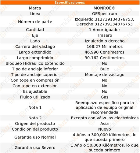 (1) Amortiguador Tra Oespectrum Gas Der O Izq Axiom 02/04 Foto 2