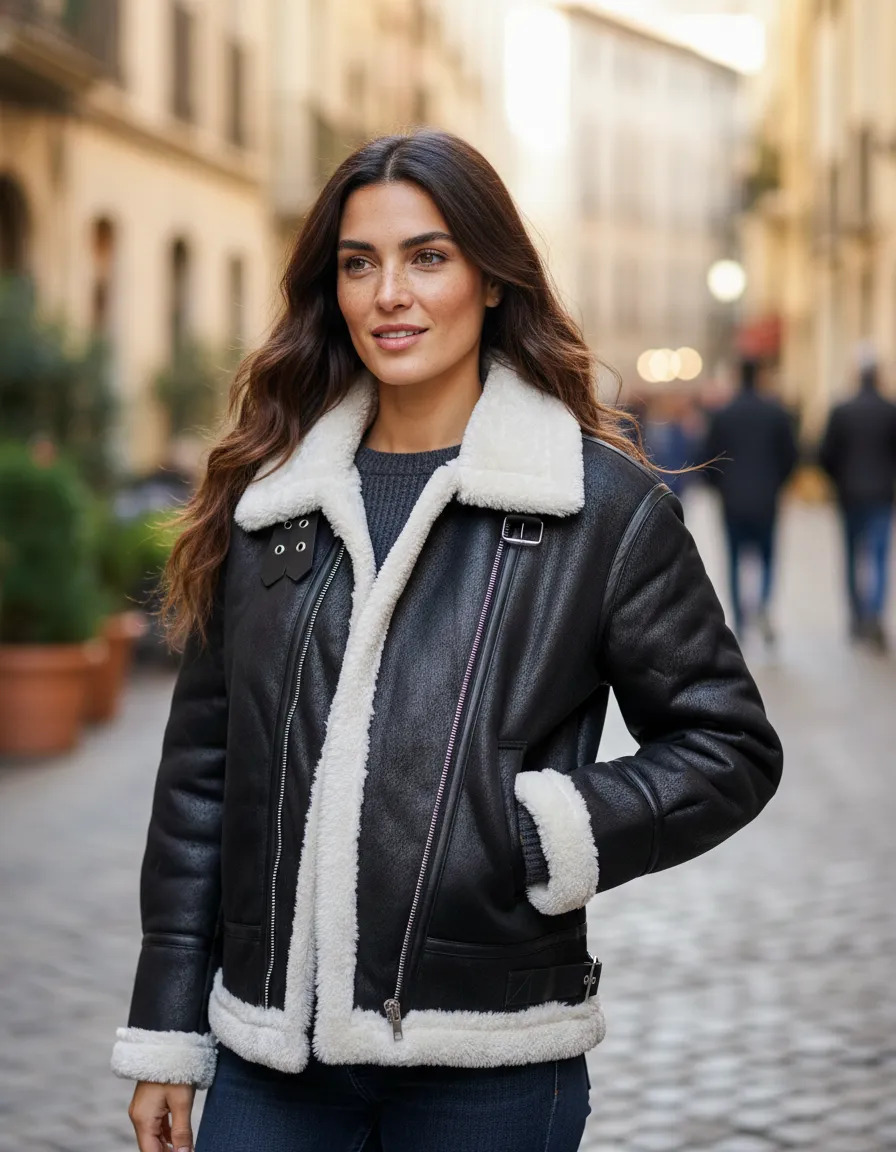 Campera Mujer Ecocuero Forrada Corderito Importado Premiun Negro M Gamulan Con Cordesito